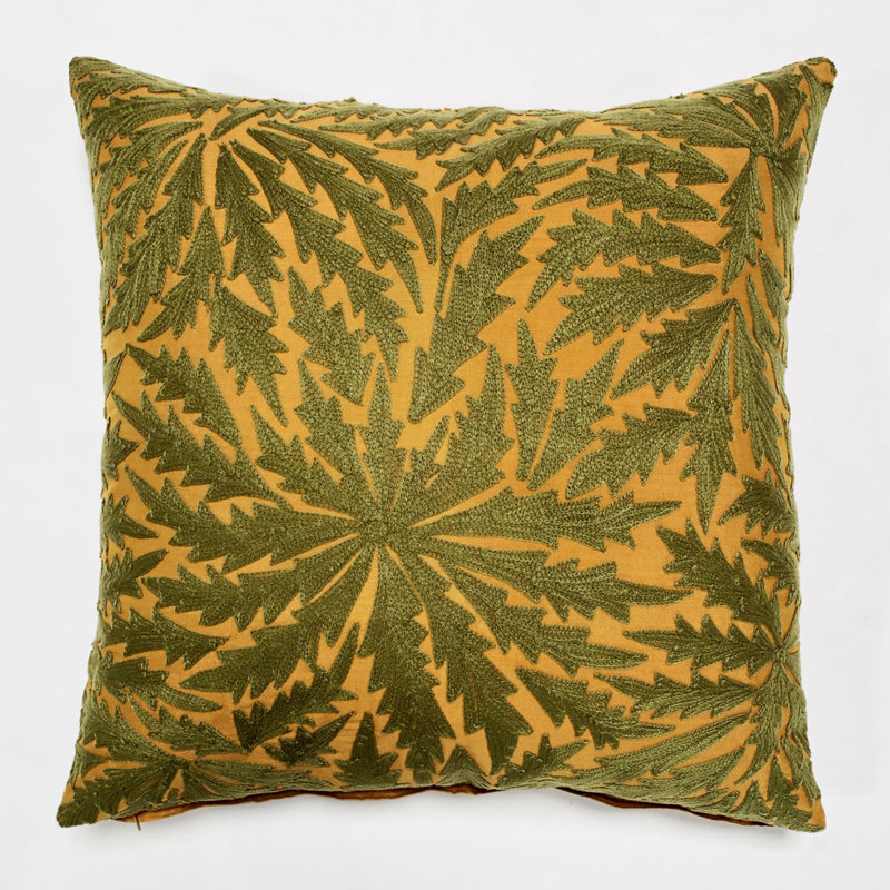 Embroidered Linen Throw Pillow, Gold/Olive