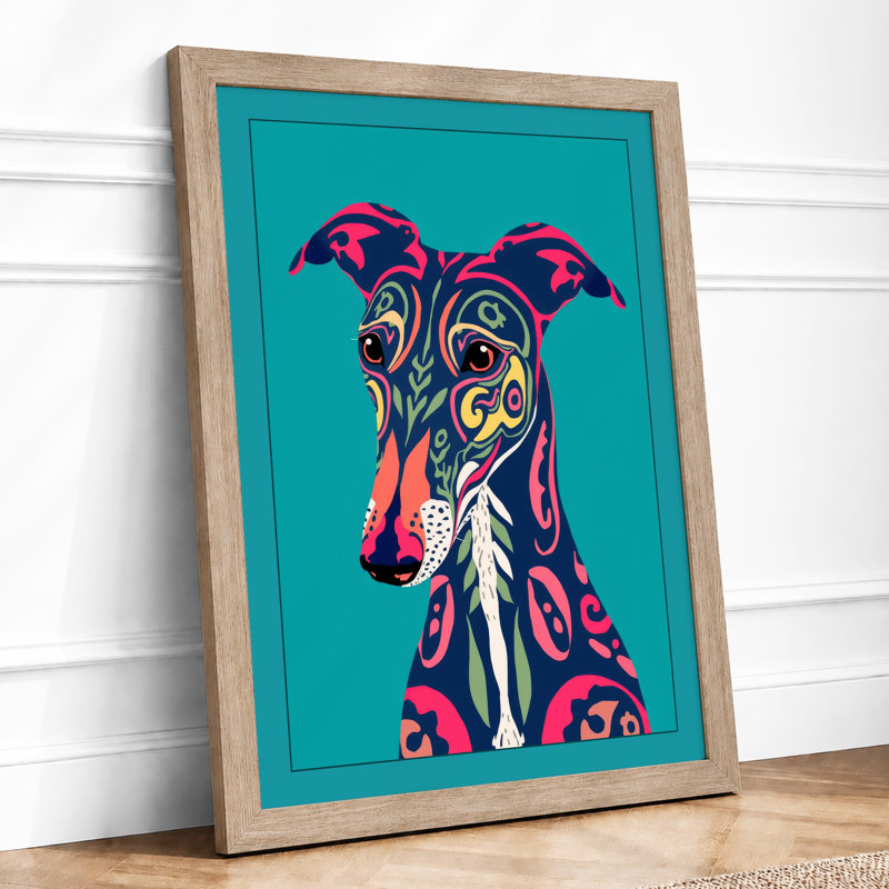 Neon Greyhound Modern - Framed Print, A2 - 59.4 x 42.0 cm, Oak