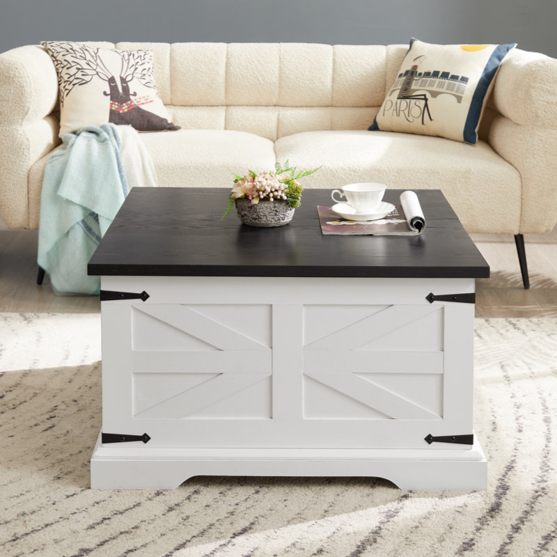 White and Black Square Wood Coffee Table with Hidden Storage