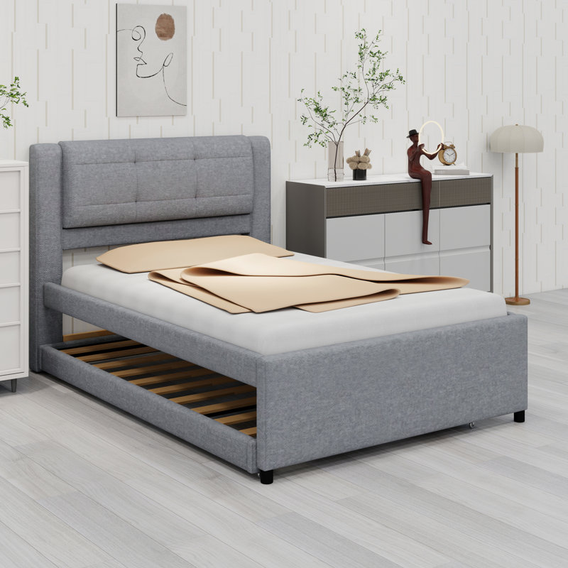 Structure de lit rembourrée moderne avec lit gigogne convertible pour des arrangements de sommeil flexibles, Gris