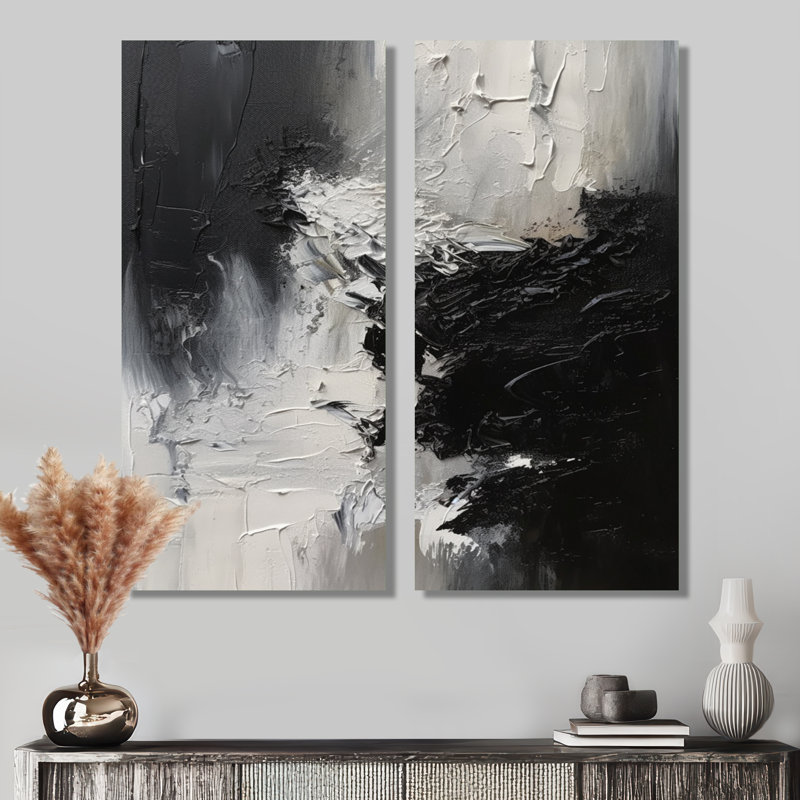 «Black and White Delicate Brushstrokes», art mural abstrait sur toile marbrée, art mural encadré abstrait noir 2 pièces