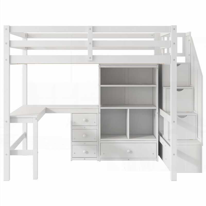 Lit mezzanine double avec bureau en L et amp; Tiroirs, armoire et amp; Escalier de rangement (sans sommier, robuste et durable)