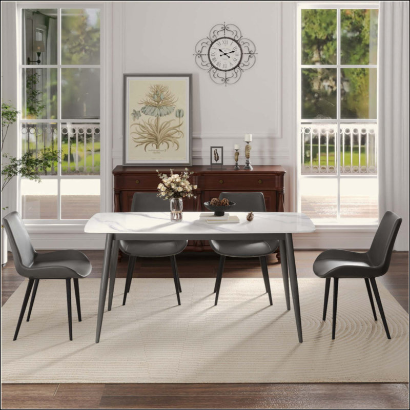 Modern Artificial Stone Curved Edge  Metal Leg Dining Table-Can Accommodate 6 People(Dining Table Only), Dark Gray, White