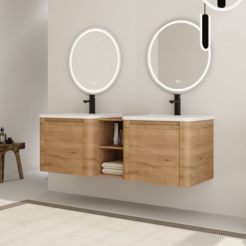 Ensemble de meuble-lavabo double 60 po avec plateau en céramique Walden, 60", Imitation chêne