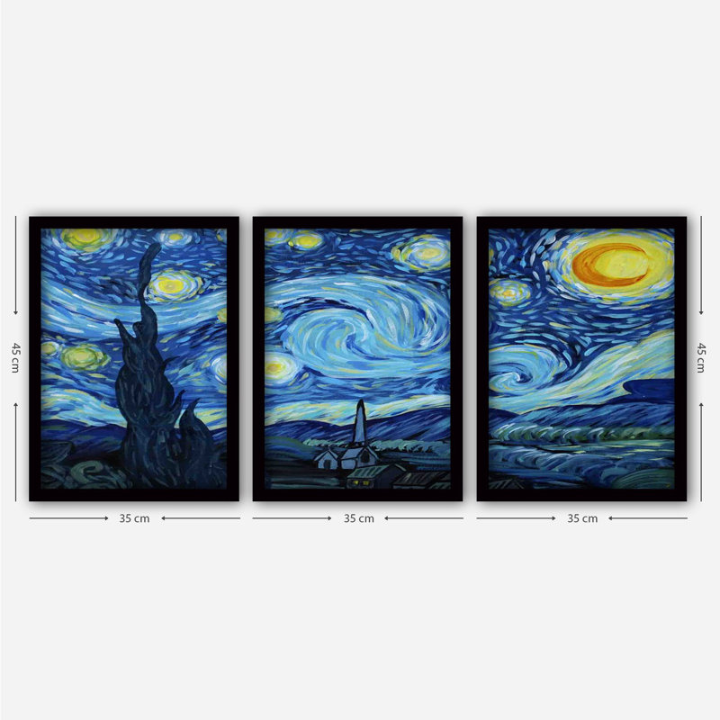 Vincent Van Gogh, peinture décorative encadrée (3 pièces) de 13,8 po x 17,7 po chacune | 100% panneau de fibres à densité moyenne avec épaisseur de 2 cm, cadre en plastique élégant | Parfait pour la décoration de salon ou de bureau, design artistique et intemporel