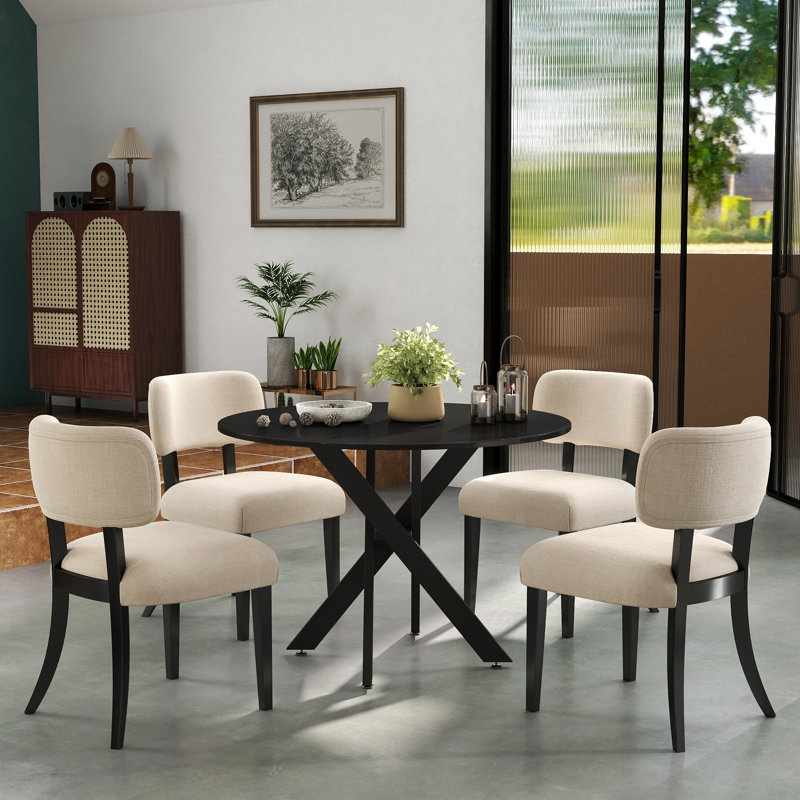 Ensemble de salle à manger à piédestal rond avec chaises rembourrées, Ensemble de cinq pièces : table, quatre chaises, Noir