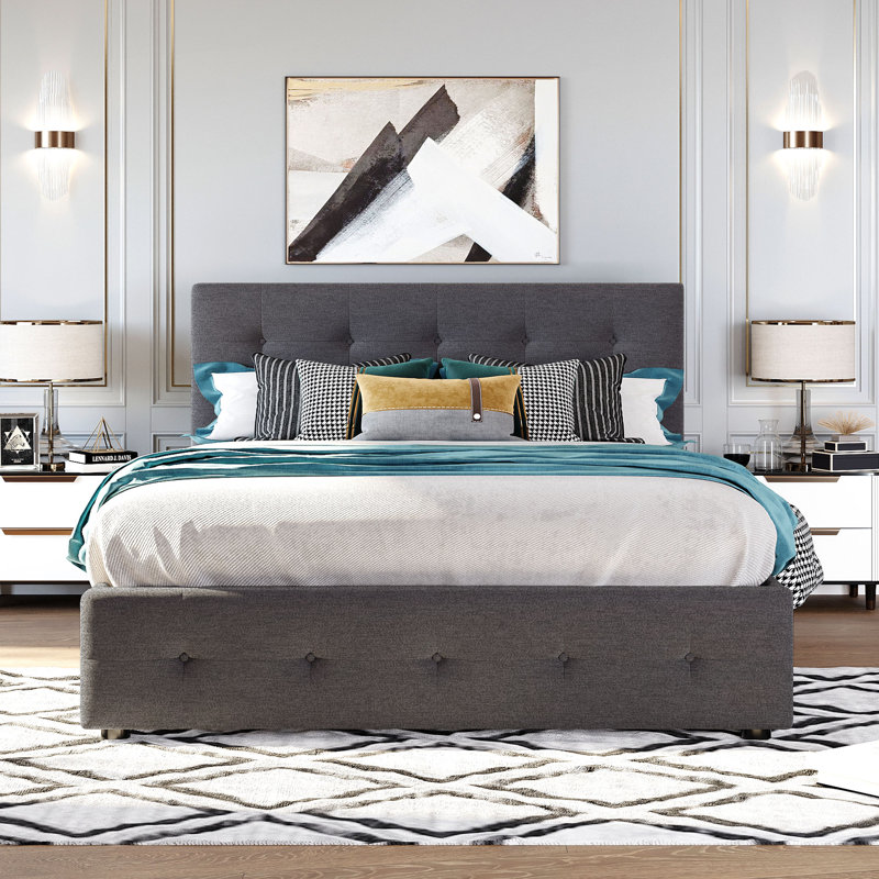 Queen Upholstered Platform Bed with Storage Drawers & Twin XL Trundle, Linen Fabric, No Box Spring Needed- Dark Gray