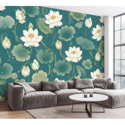 Wall Mural Peel and Stick Wallpaper Seamless Lotus Flower Lily Pad Teal Self-Adhesive Removable Contact Paper Wall Decor for Living Room Bedroom 100"H x 144"W