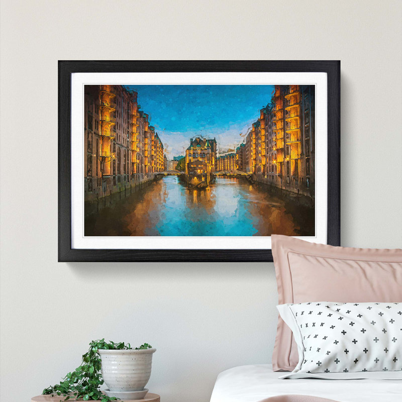 Speicherstadt District in Hamburg in Abstract - Framed Print, 62cm H x 87cm W x 2cm D, Black Framed
