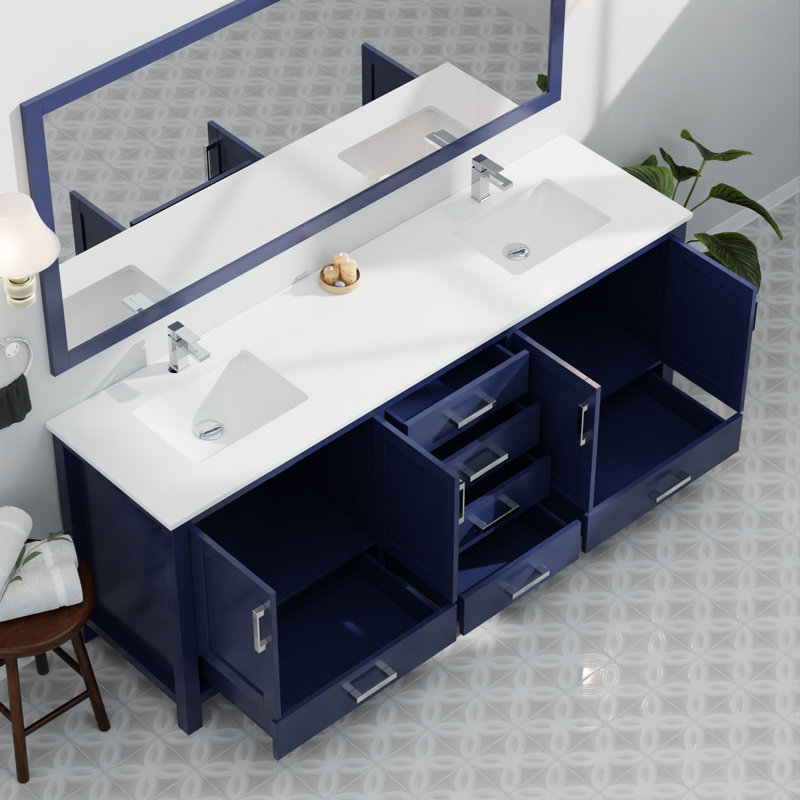 Double Bath Vanity with White Quartz Top and Faucet Set, Navy Blue
