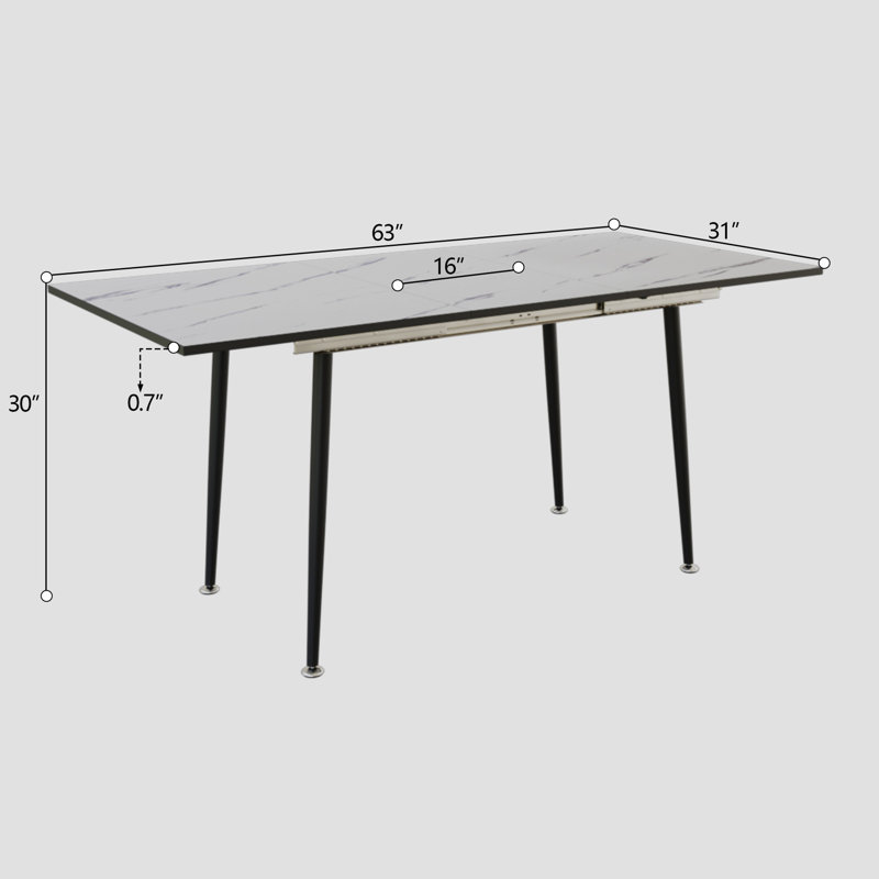 Table de salle à manger extensible de 47 à 63 po, aspect marbre blanc, pieds en métal noir, pour 2 à 6 personnes avec table, jusqu'à 63 po, thème, industriel moderne pour les maisons élégantes