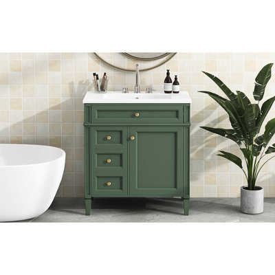 Meuble-lavabo minimaliste moderne de 30 po avec lavabo, armoire de rangement, tablette réglable, poignée texturée, rangement ambré, plateau supérieur facile à assembler, 2 tiroirs, 1 tiroir basculant et diverses fonctions