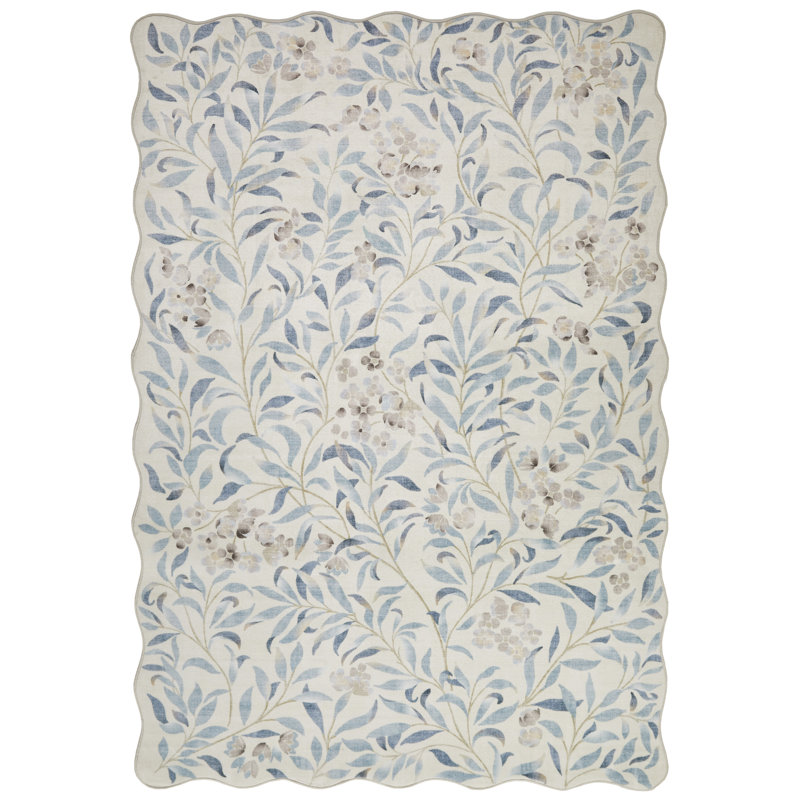 Floral Ivory Blue Washable/Stain Guarded Area Rug , Rectangle 200 x 300 cm