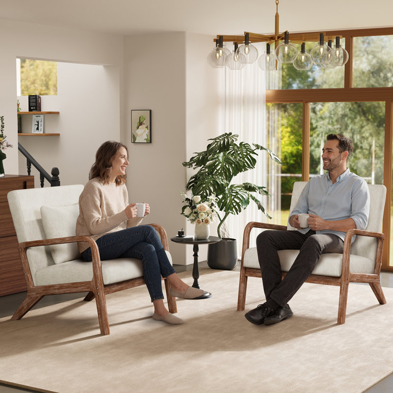 Upholstered Solid Wood Accent Chair Armchair With An Extra Pillow, Beige Arms, Beige, Beige Linen / Beige Wood