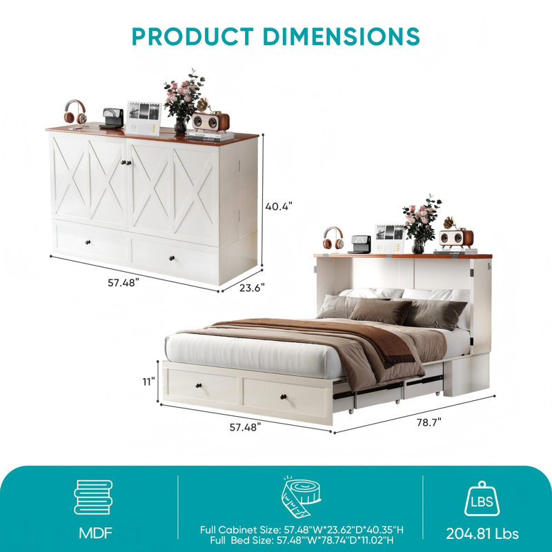 Full Size Murphy Bed Cabinet with Tri-fold Mattress & Charging Station, White, Full