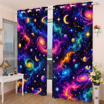 2Pcs Vibrant Galaxy Nebula Space Print Grommet Blackout Curtains, Dreamy Cosmic Pattern, Thermal Insulated Sun Blocking, Noise Reducing & Privacy Protection, Room Darkening Stylish Indoor Home Decor for Bedroom, Living Room, Teen Room