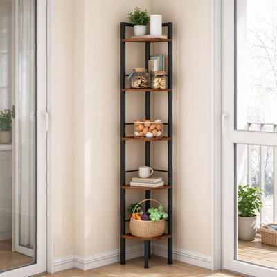 Étagère d'angle avec cadre en métal, étagère d'angle à 5 niveaux brun rustique pour le salon, la chambre à coucher, la cuisine et le bureau, étagère de coin industrielle rétro avec ensemble anti-basculement