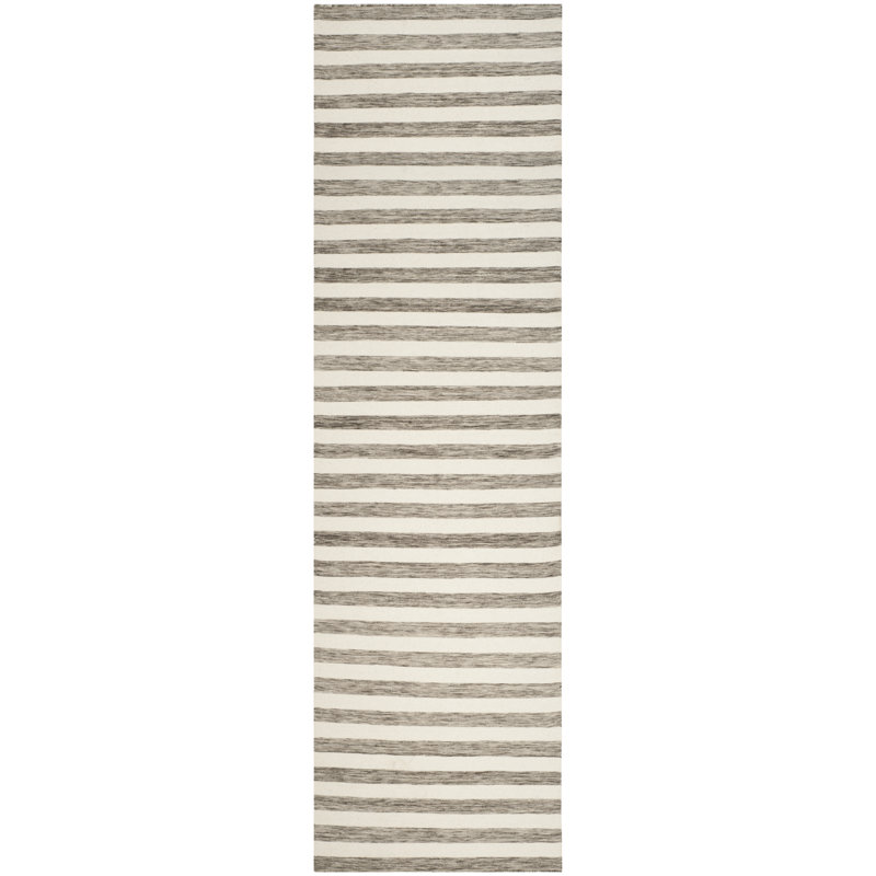 Emek Hand Woven Flat Weave Wool/Cotton Striped Rug in Brown/Ivory, Runner 2'6" x 10'