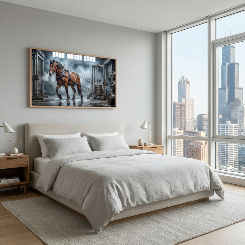 Ensemble de 1 tableau sur toile représentant un gymnase pour chevaux, L 40 po x H 20 po, Naturel