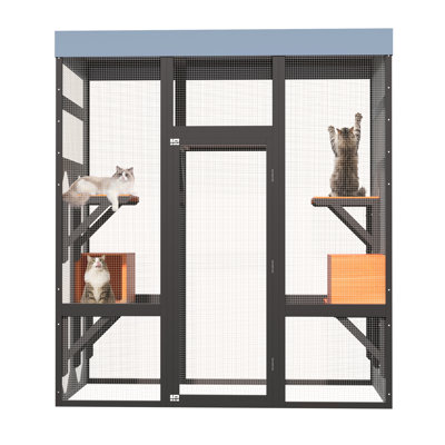 70.1" H Large Cat Catio Enclosure with 5 Platforms and 2 Napping Houses, Wood Frame, for Indoor and Outdoor Use