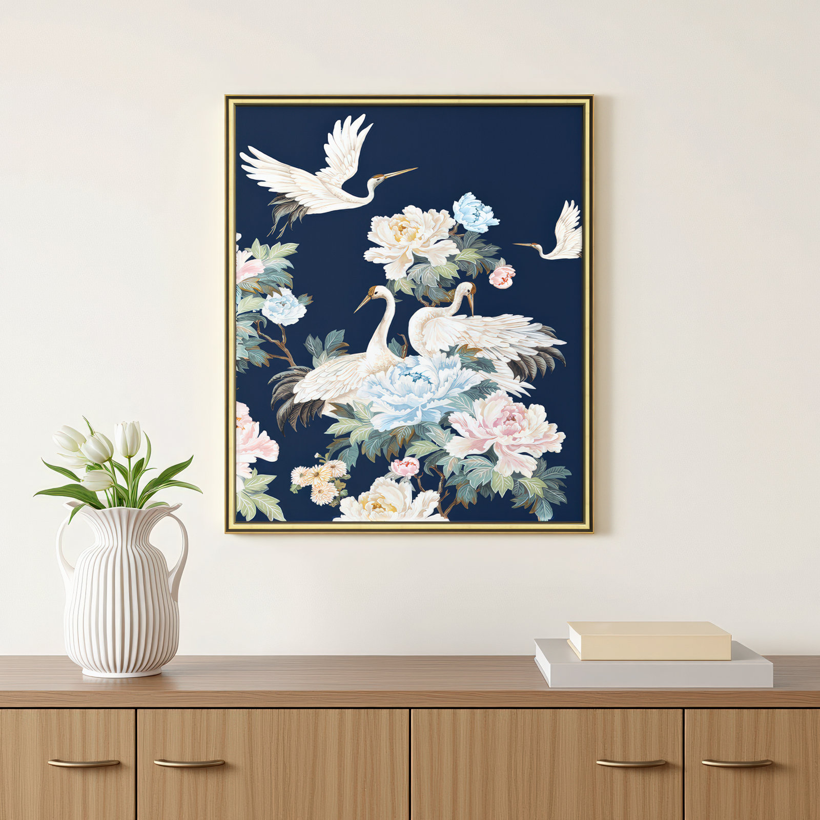 Danbury "Pearly White Cranes II" Painting, 26.75" H x 22.75" W x 0.88" D, Gold