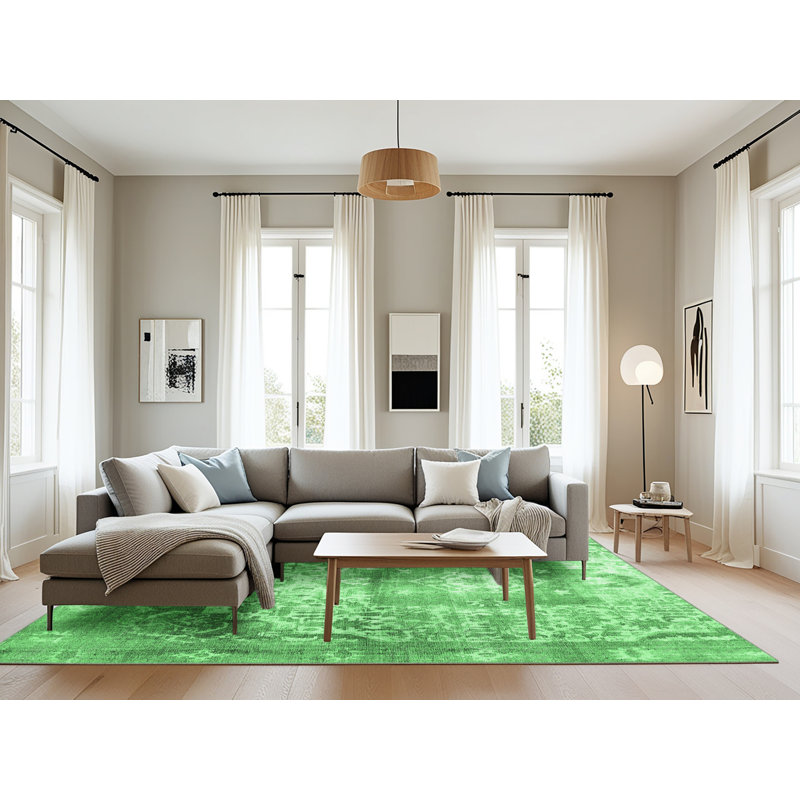 Tapis oriental en laine / polyester tissé à la machine en vert / gris, Rectangle 8 pi x 12 pi