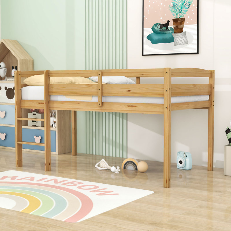 Twin Wood Loft Bed With Ladder And Guardrails, Natural