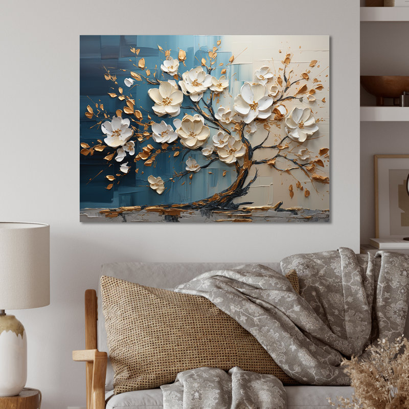 Orchidée bleue et blanche Golden Of Branches III - arbre, art mural en métal, H 24 po x l 32 po x P 1 po