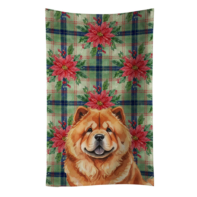 Red Chow Chow Christmas PoinsettIas Kitchen Towel, Red Chow Chow