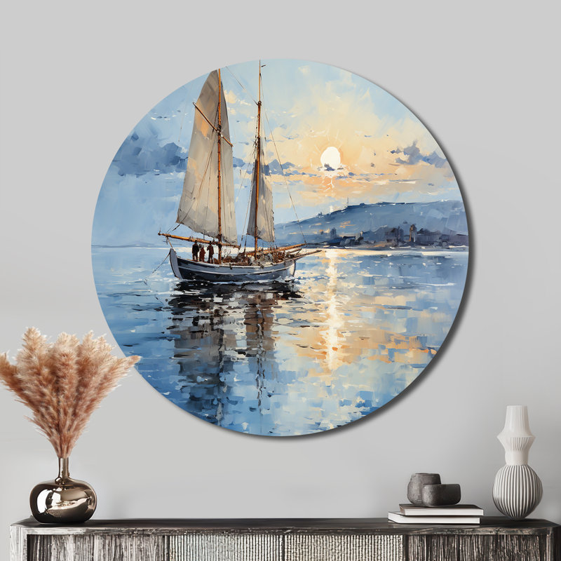 Bateau, voile, reflets I - bord de mer, art en métal rond, H 36 po x l 36 po