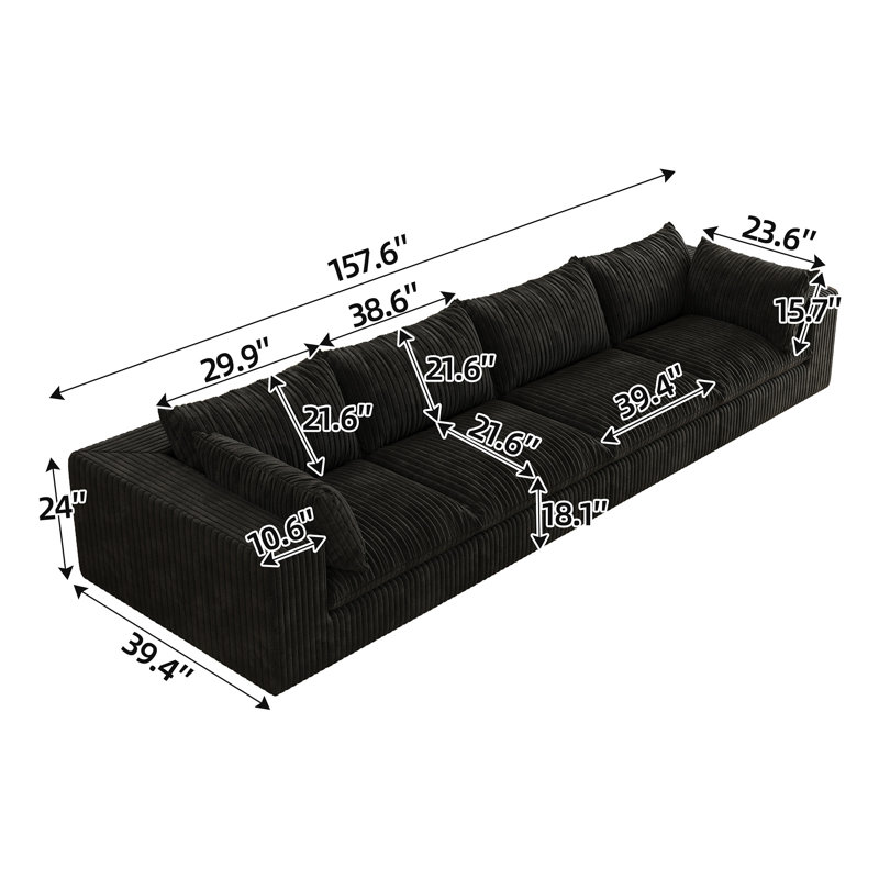 Canapé de 157,6 po Cloud, tissu en velours côtelé, sièges profonds, conception à deux couches, coussin amovible, sans assemblage, combinaison à faire soi-même pour le salon, la chambre à coucher, la salle de conférence, un appartement
