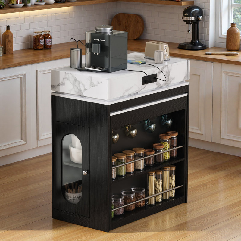 Kitchen Island With Extendable Dining Table, Drawers, Power Outlet, Wheels And Hooks, Black