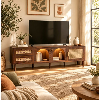 Meuble télé moderne de style Mid-Century avec éclairage DEL pour téléviseurs jusqu'à 80 pouces, meuble télé d'appoint en rotin avec 3 placards et 2 tiroirs, console multimédia pour salon ou chambre, brun foncé
