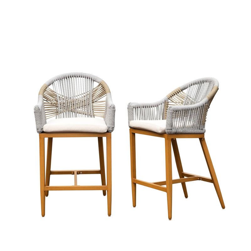 Deux tabourets de bar avec accoudoirs et chaises à hauteur de comptoir rembourrées pour l'extérieur, projecteur de corde en aluminium pour le jardin, la piscine, le patio, la cuisine - coussin kaki inclus, cadre de charme de patio