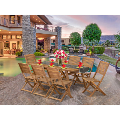 9 Piece Patio Garden Table Set Includes a Rectangle Outdoor Acacia Wood Dining Table and 8 Folding Side Chairs, 40x72 Inch, Natural Oil