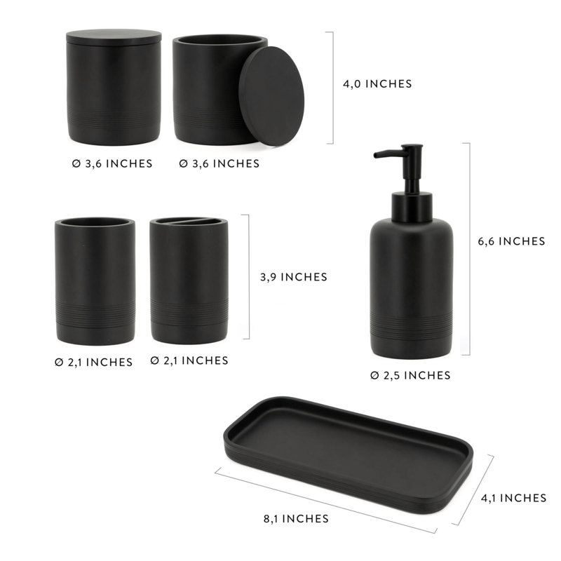 Ensemble d'accessoires de salle de bain noir mat 6 pièces - porte-brosse à dents, distributeur de lotion, contenant en coton-tige, plateau de coiffeuse, gobelet - organisateur de comptoir pour salle de bain - ensemble élégant et fonctionnel