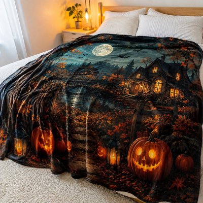 Couverture en peluche sur le thème de l'Halloween, scène de maison hantée effrayante avec pleine lune et citrouilles, jeté décoratif d'automne confortable pour canapé, chambre, salon, décoration intérieure