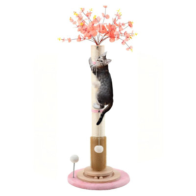 Arbre à chat à griffes haut, base en bois massif à griffer robuste, poteau en sisal de 3,5 po, jouet à boules suspendues, brosse d'auto-toilettage