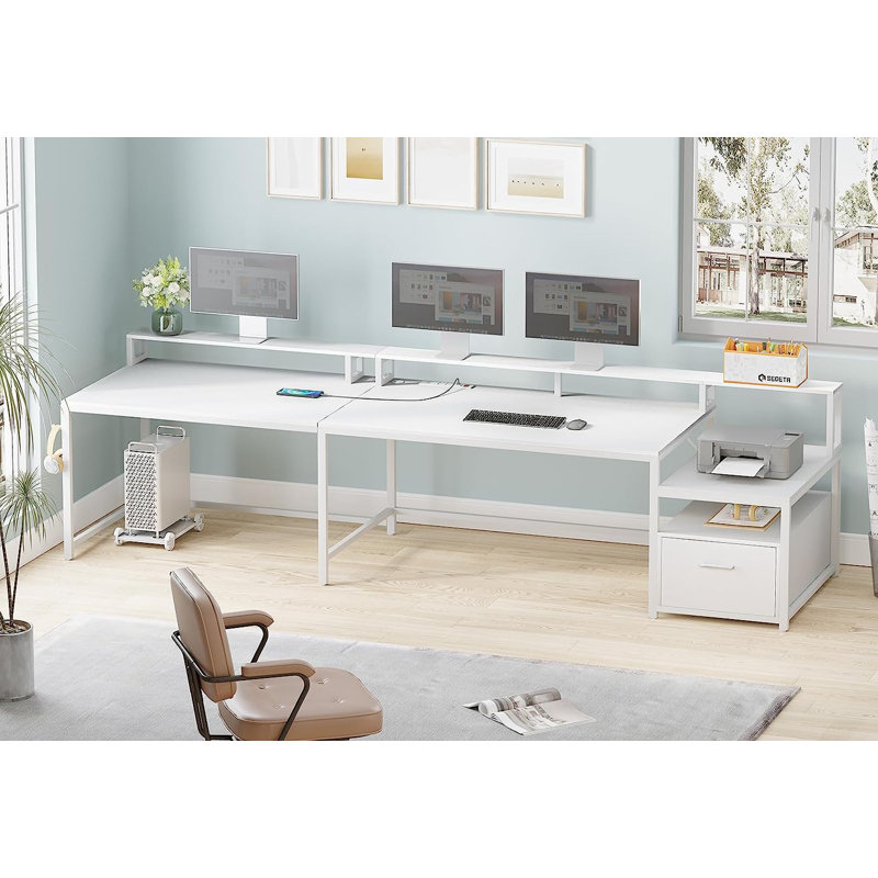 L-Shaped Computer Desk with Power Outlet, White