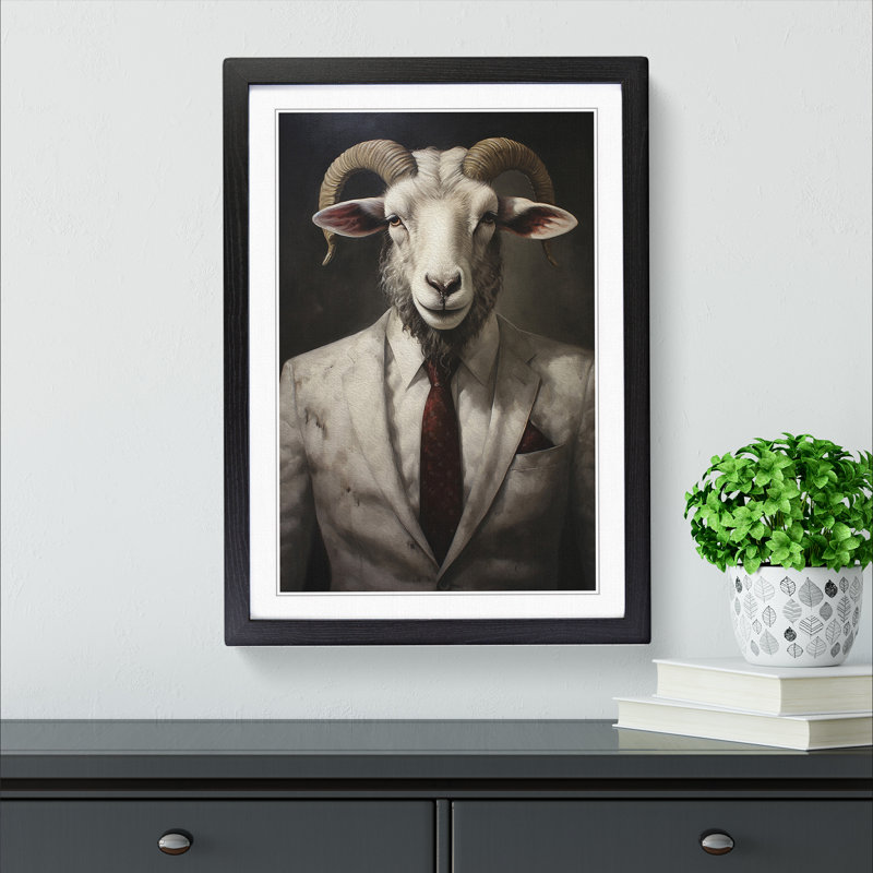 Ram Sheep in a Suit Painting No.5 - Framed Print, 64cm H x 46cm W x 2cm D, Black