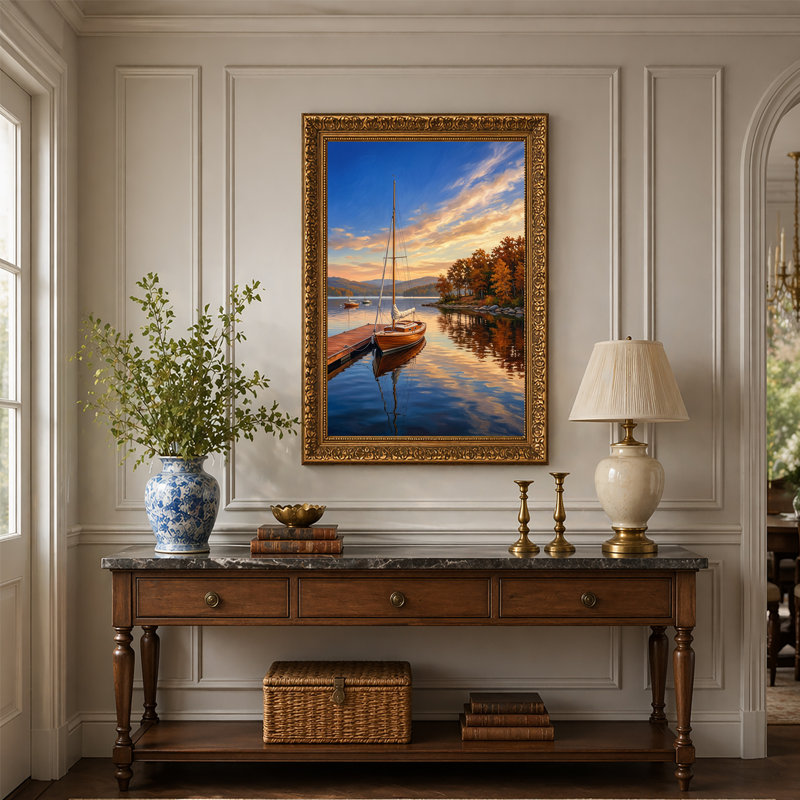 Voilier à quai en bois à côté d'arbres d'automne orange, art mural, 30"H x 20"W