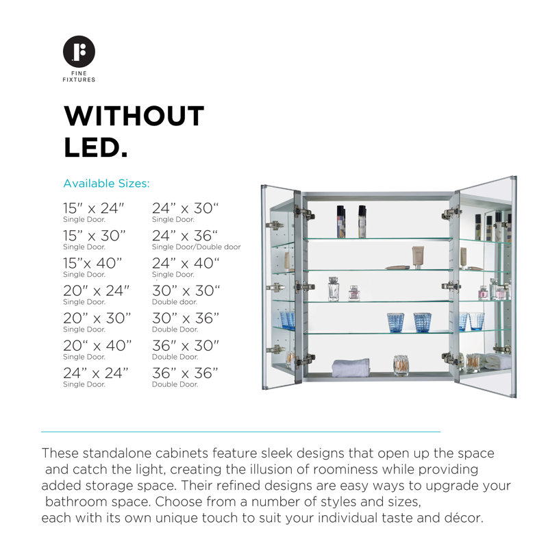 FINE FIXTURES Recessed or Surface-Mount Aluminum Medicine Cabinet with Dual-Sided Mirror and Easy-Grip Handle