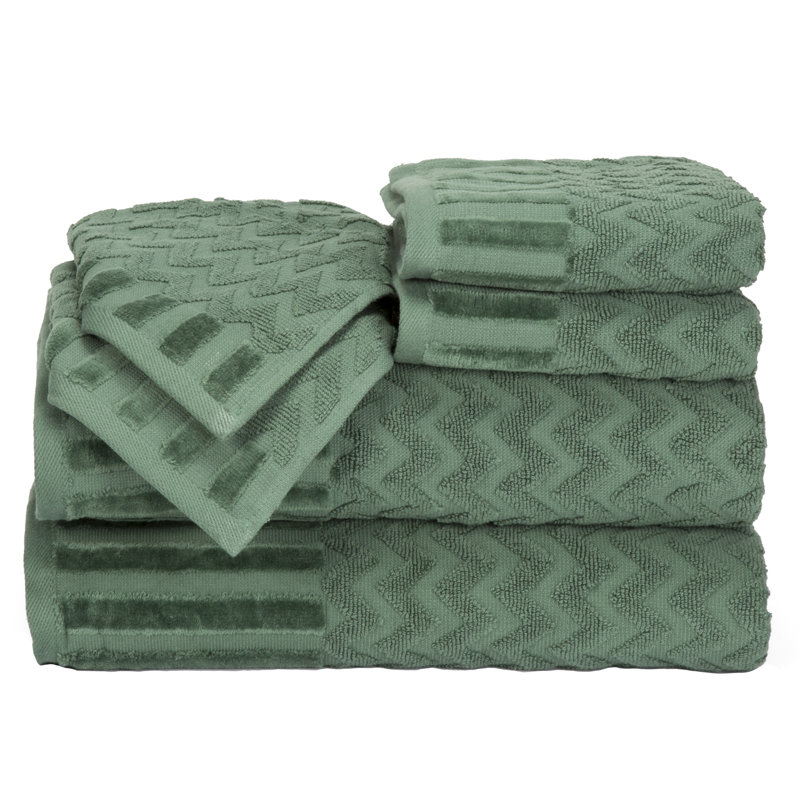 Harva 6-Piece Cotton Bath Towel Set – Chevron Pattern Plush Sculpted Spa Luxury Decorative Towels, Green