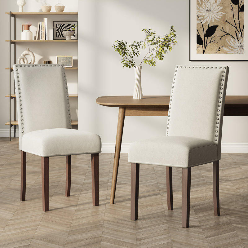 6" Thick Seat Cushion Upholstered Nailhead Trim Linen Parsons Dining Chairs with Solid Wood Legs, Beige