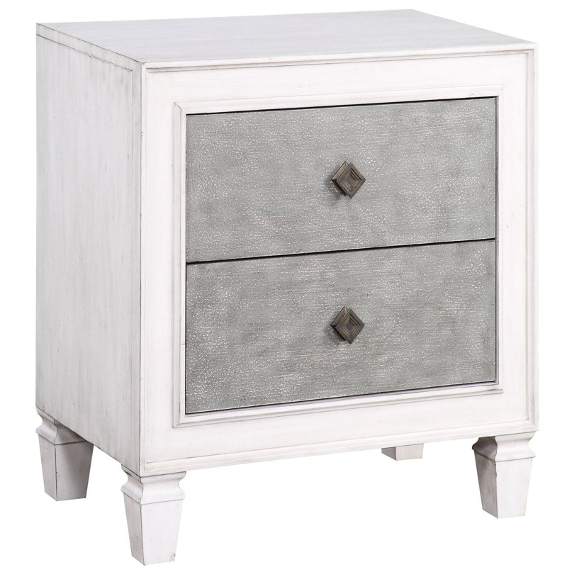 Table de chevet pour chambre à coucher en gris et blanc rustique - 2 tiroirs, doublé de feutre, rangement pratique et moderne avec tiroirs