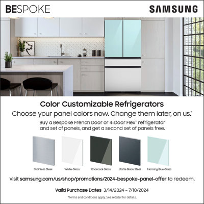 Samsung Bespoke White Glass Counter Depth Kitchen Package with 23 cu. ft. 4-Door French Door Refrigerator with Beverage Center and Electric Range