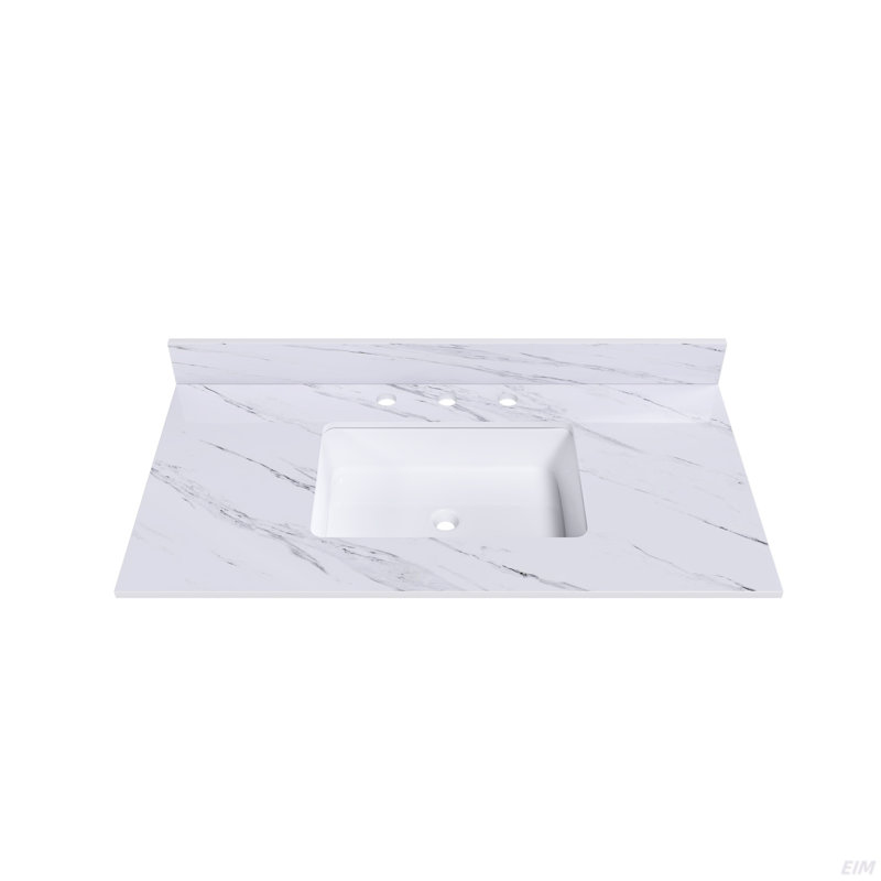 Comptoir de meuble-lavabo 43 po, comptoir blanc avec 3 trous de robinet pré-percés, comptoir de salle de bain avec lavabo central rectangulaire encastré et dosseret de 4 po de hauteur, Bianco Carrara Venato (Attention: armoire et robinet NON INCLUS)