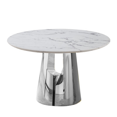 45" Round Marble Dining Table For 4-6, Modern White Faux Marble Kitchen Dining Room Table With Stainless Steel Cross Legs, Luxury Round Dinner Table For Kitchen Dining Room