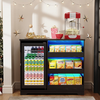 Snack-bar avec réfrigérateur inclus pour le cinéma maison, noir | Armoire à café avec lumières DEL, organisateur de collations avec rangement, capteur de corps humain, station de café de 39 po pour salle de jeux