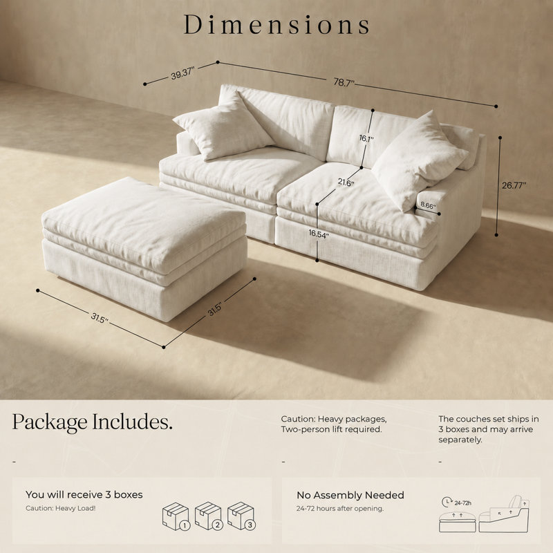 Canapé modulaire 78,7 po avec housses lavables, causeuse désossée avec repose-pieds 78,7 po sans assemblage